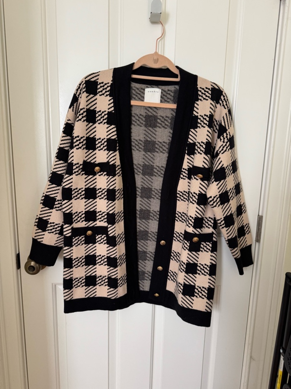 Sandro Black and Cream Plaid Open-Front Cardigan